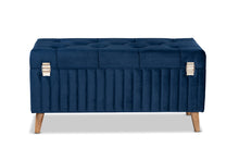 Load image into Gallery viewer, Baxton Studio Hanley Modern and Contemporary Navy Blue Velvet Fabric Upholstered and Walnut Brown Finished Wood Storage Ottoman