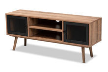 Load image into Gallery viewer, Baxton Studio Yuna Mid-Century Modern Transitional Natural Brown Finished Wood and Black Metal 2-Door TV Stand
