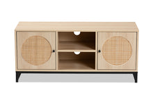 Load image into Gallery viewer, Baxton Studio Ardon Bohemian Light Brown Finished Wood and Black Metal 2-Door TV Stand with Natural Rattan