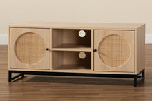 Load image into Gallery viewer, Baxton Studio Ardon Bohemian Light Brown Finished Wood and Black Metal 2-Door TV Stand with Natural Rattan