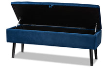 Load image into Gallery viewer, Baxton Studio Caine Modern and Contemporary Navy Blue Velvet Fabric Upholstered and Dark Brown Finished Wood Storage Bench
