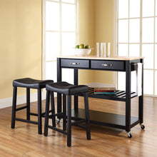 Load image into Gallery viewer, Wood Top Kitchen Prep Cart W/Uph Saddle Stools Black/Natural - Kitchen Island & 2 Counter Stools
