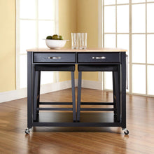 Load image into Gallery viewer, Wood Top Kitchen Prep Cart W/Uph Saddle Stools Black/Natural - Kitchen Island & 2 Counter Stools
