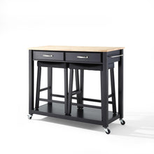 Load image into Gallery viewer, Wood Top Kitchen Prep Cart W/Uph Saddle Stools Black/Natural - Kitchen Island & 2 Counter Stools