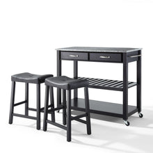 Load image into Gallery viewer, Granite Top Kitchen Prep Cart W/Uph Saddle Stools Black/Gray - Kitchen Island & 2 Counter Stools