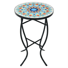 Load image into Gallery viewer, 14-Inch Mosaic Side Small Round Bistro End Table with Cast Iron Plant Stand