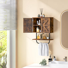 Load image into Gallery viewer, 2-Door Bathroom Wall-Mounted Medicine Cabinet with Open Shelf and Towel Rack-Rustic Brown