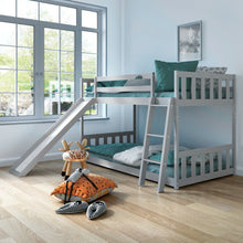 Load image into Gallery viewer, Twin over Twin Bunk Wooden Low Bed with Slide Ladder for Kids-Gray