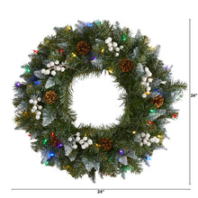 Load image into Gallery viewer, 24" Snow Tipped Artificial Christmas Wreath with 50 Multicolored LED Lights