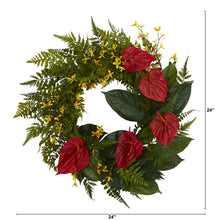Load image into Gallery viewer, 24" Mixed Fern, Anthurium and Forsythia Artificial Wreath