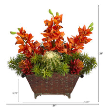 Load image into Gallery viewer, 21" Cymbidium Orchid, Cactus and Succulent Artificial Arrangement in Metal Vase