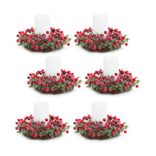Load image into Gallery viewer, Frosted Winter Berry Pine Candle Ring with Grapevine Base (Set of 6)