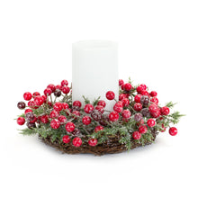 Load image into Gallery viewer, Frosted Winter Berry Pine Candle Ring with Grapevine Base (Set of 6)