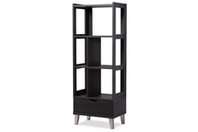 Load image into Gallery viewer, Baxton Studio Kalien Modern and Contemporary Dark Brown Wood Leaning Bookcase with Display Shelves and One Drawer