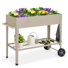 Load image into Gallery viewer, Metal Raised Garden Bed with Storage Shelf Hanging Hooks and Wheels-Light Brown