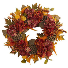 Load image into Gallery viewer, 24" Fall Hydrangea, Lotus and Berries Artificial Wreath