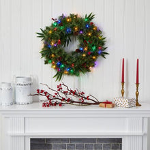Load image into Gallery viewer, 24" Mixed Pine Artificial Christmas Wreath with 50 Multicolored LED Lights, Berries and Pine Cones