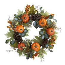 Load image into Gallery viewer, 24" Pumpkins, Pine Cones and Berries Fall Artificial Wreath