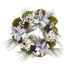 Load image into Gallery viewer, 24" Silver Poinsettia, Hydrangea and Pinecones Artificial Christmas Wreath
