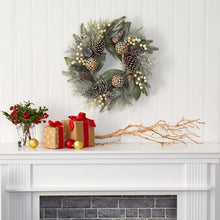 Load image into Gallery viewer, 24" Snow Tipped Holiday Artificial Wreath with Berries, Pine Cones and Ornaments