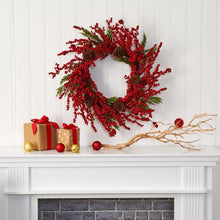 Load image into Gallery viewer, 28" Cypress Artificial Wreath with Berries and Pine Cones