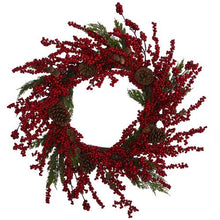 Load image into Gallery viewer, 28" Cypress Artificial Wreath with Berries and Pine Cones
