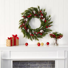 Load image into Gallery viewer, 28'' Frosted Cypress with Berries and Pine Cones Artificial Wreath