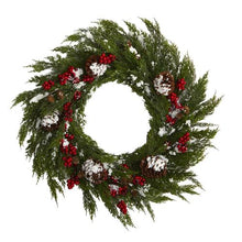 Load image into Gallery viewer, 28'' Frosted Cypress with Berries and Pine Cones Artificial Wreath
