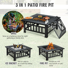 Load image into Gallery viewer, 32 Inch 3 in 1 Outdoor Square Fire Pit Table with BBQ Grill and Rain Cover for Camping