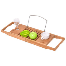 Load image into Gallery viewer, Adjustable Perforated Bamboo Bathtub Tray with Book Holder
