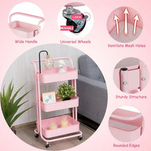 Load image into Gallery viewer, 3-Tier Metal Rolling Storage Cart Trolley 2 Brakes with Handle-Pink