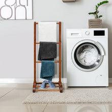 Load image into Gallery viewer, 3-Bar Acacia Wood Freestanding Bathroom Towel Rack w/Bottom Storage Shelf-Brown