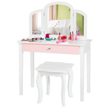 Load image into Gallery viewer, Kids Princess Make Up Dressing Table with Tri-folding Mirror & Chair-White