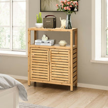 Load image into Gallery viewer, 2-door Bamboo Floor Cabinet Storage Organizer with Open Shelf Adjustable Shelf