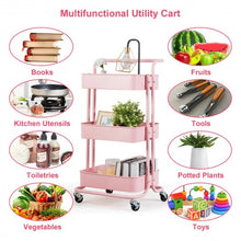 Load image into Gallery viewer, 3-Tier Metal Rolling Storage Cart Trolley 2 Brakes with Handle-Pink