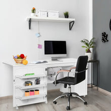 Load image into Gallery viewer, Folding Sewing Table Shelves Storage Cabinet Craft Cart with Wheels-White