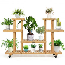 Load image into Gallery viewer, 4-Tier Wood Casters Rolling Shelf Plant Stand-Natural