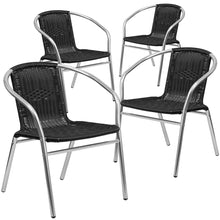 Load image into Gallery viewer, 4 Pk. Aluminum and Black Rattan Commercial Indoor-Outdoor Restaurant Stack Chair
