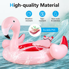Load image into Gallery viewer, Pink flamingo inflatable pool float with water splashes on a blue water background, featuring durability and safety attributes.

