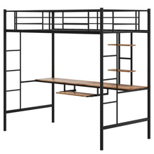 Load image into Gallery viewer, Twin Size Metal Loft Bunk Bed with Desk Shelf and Full Length Guardrail-Black
