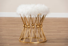 Load image into Gallery viewer, Baxton Studio Leonie Glam and Luxe White Faux Fur Upholstered Gold Finished Metal Ottoman
