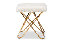 Load image into Gallery viewer, Baxton Studio Valle Glam and Luxe White Faux Fur Upholstered Gold Finished Metal Ottoman
