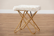 Load image into Gallery viewer, Baxton Studio Valle Glam and Luxe White Faux Fur Upholstered Gold Finished Metal Ottoman
