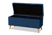 Load image into Gallery viewer, Baxton Studio Hanley Modern and Contemporary Navy Blue Velvet Fabric Upholstered and Walnut Brown Finished Wood Storage Ottoman
