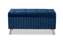 Load image into Gallery viewer, Baxton Studio Hanley Modern and Contemporary Navy Blue Velvet Fabric Upholstered and Walnut Brown Finished Wood Storage Ottoman

