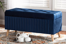 Load image into Gallery viewer, Baxton Studio Hanley Modern and Contemporary Navy Blue Velvet Fabric Upholstered and Walnut Brown Finished Wood Storage Ottoman
