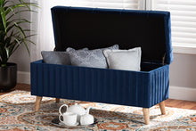 Load image into Gallery viewer, Baxton Studio Hanley Modern and Contemporary Navy Blue Velvet Fabric Upholstered and Walnut Brown Finished Wood Storage Ottoman
