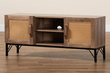 Load image into Gallery viewer, Baxton Studio Veanna Bohemian Natural Brown Finished Wood and Black Metal 2-Door TV Stand with Synthetic Rattan
