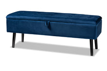 Load image into Gallery viewer, Baxton Studio Caine Modern and Contemporary Navy Blue Velvet Fabric Upholstered and Dark Brown Finished Wood Storage Bench
