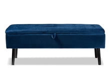 Load image into Gallery viewer, Baxton Studio Caine Modern and Contemporary Navy Blue Velvet Fabric Upholstered and Dark Brown Finished Wood Storage Bench
